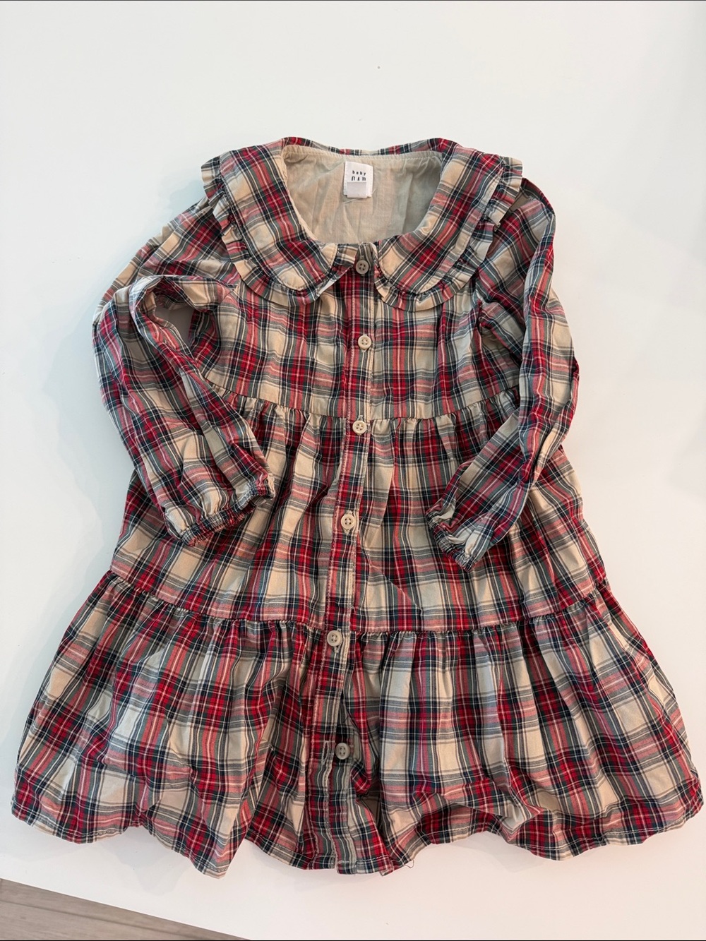 Plaid Long-Sleeve Ruffle Collar Kids Dress - Red/Cream